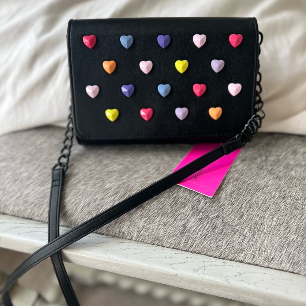Betsy Johnson Colorful Heart-Embellished Black Crossbody Bag
